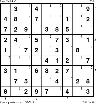 The grouppuzzles.com Easy Sudoku puzzle for Saturday October 5, 2024 with all 3 steps marked