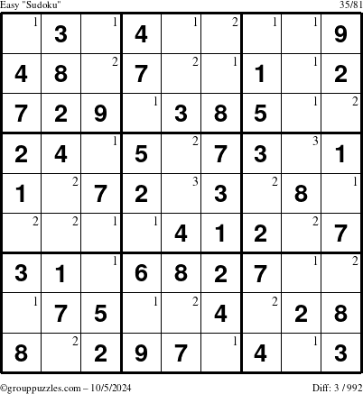 The grouppuzzles.com Easy Sudoku puzzle for Saturday October 5, 2024 with the first 3 steps marked