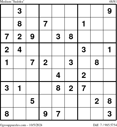 The grouppuzzles.com Medium Sudoku puzzle for Saturday October 5, 2024