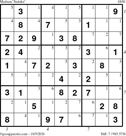 The grouppuzzles.com Medium Sudoku puzzle for Saturday October 5, 2024 with all 7 steps marked