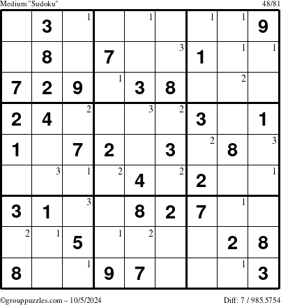 The grouppuzzles.com Medium Sudoku puzzle for Saturday October 5, 2024 with the first 3 steps marked