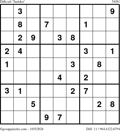 The grouppuzzles.com Difficult Sudoku puzzle for Saturday October 5, 2024