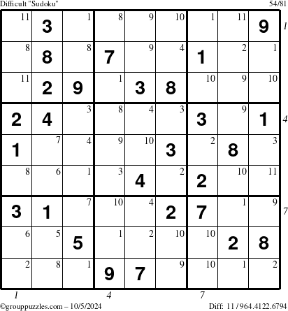 The grouppuzzles.com Difficult Sudoku puzzle for Saturday October 5, 2024, suitable for printing, with all 11 steps marked