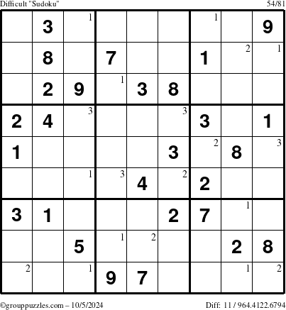 The grouppuzzles.com Difficult Sudoku puzzle for Saturday October 5, 2024 with the first 3 steps marked