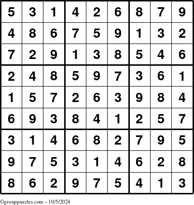 The grouppuzzles.com Answer grid for the Sudoku puzzle for Saturday October 5, 2024