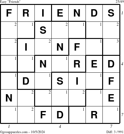 The grouppuzzles.com Easy Friends puzzle for Saturday October 5, 2024 with all 3 steps marked