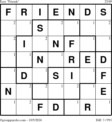 The grouppuzzles.com Easy Friends puzzle for Saturday October 5, 2024 with the first 3 steps marked