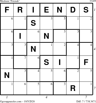 The grouppuzzles.com Medium Friends puzzle for Saturday October 5, 2024 with all 7 steps marked