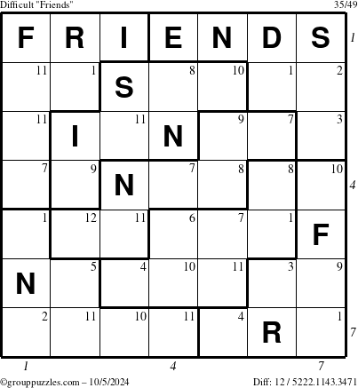 The grouppuzzles.com Difficult Friends puzzle for Saturday October 5, 2024 with all 12 steps marked