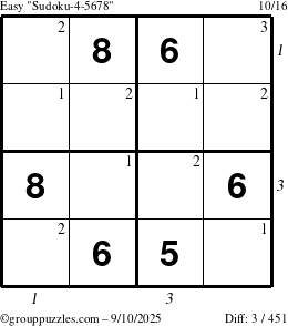 The grouppuzzles.com Easy Sudoku-4-5678 puzzle for Wednesday September 10, 2025 with all 3 steps marked
