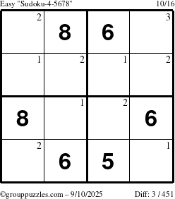 The grouppuzzles.com Easy Sudoku-4-5678 puzzle for Wednesday September 10, 2025 with the first 3 steps marked