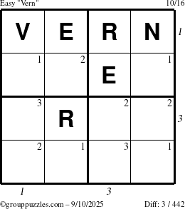 The grouppuzzles.com Easy Vern puzzle for Wednesday September 10, 2025 with all 3 steps marked