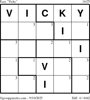 The grouppuzzles.com Easy Vicky puzzle for Wednesday September 10, 2025 with the first 3 steps marked
