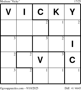 The grouppuzzles.com Medium Vicky puzzle for Wednesday September 10, 2025 with the first 3 steps marked