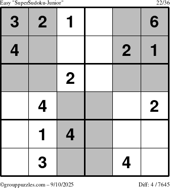 The grouppuzzles.com Easy SuperSudoku-Junior puzzle for Wednesday September 10, 2025