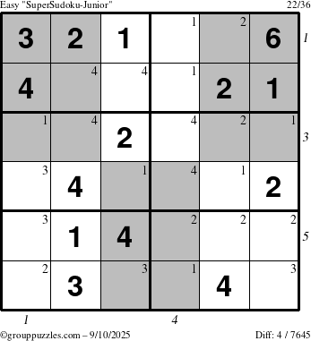 The grouppuzzles.com Easy SuperSudoku-Junior puzzle for Wednesday September 10, 2025, suitable for printing, with all 4 steps marked