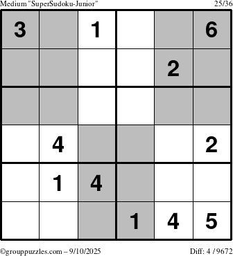 The grouppuzzles.com Medium SuperSudoku-Junior puzzle for Wednesday September 10, 2025