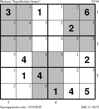 The grouppuzzles.com Medium SuperSudoku-Junior puzzle for Wednesday September 10, 2025 with all 4 steps marked