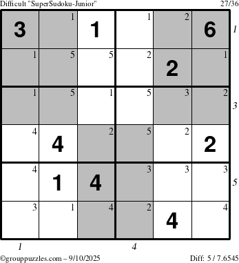 The grouppuzzles.com Difficult SuperSudoku-Junior puzzle for Wednesday September 10, 2025 with all 5 steps marked