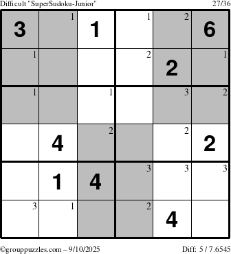 The grouppuzzles.com Difficult SuperSudoku-Junior puzzle for Wednesday September 10, 2025 with the first 3 steps marked