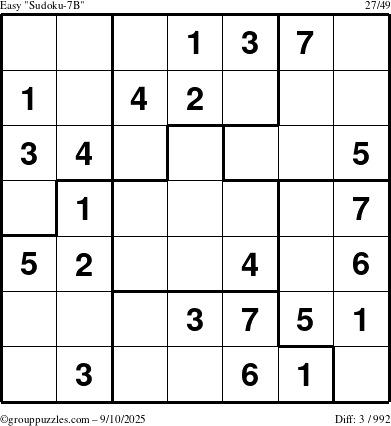 The grouppuzzles.com Easy Sudoku-7B puzzle for Wednesday September 10, 2025