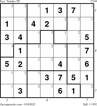 The grouppuzzles.com Easy Sudoku-7B puzzle for Wednesday September 10, 2025 with all 3 steps marked