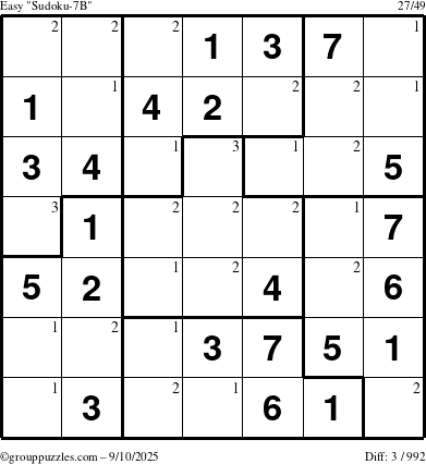 The grouppuzzles.com Easy Sudoku-7B puzzle for Wednesday September 10, 2025 with the first 3 steps marked