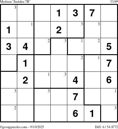 The grouppuzzles.com Medium Sudoku-7B puzzle for Wednesday September 10, 2025 with the first 3 steps marked