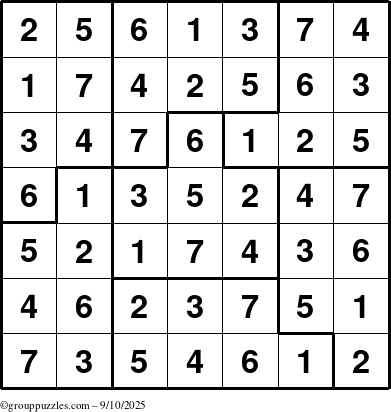 The grouppuzzles.com Answer grid for the Sudoku-7B puzzle for Wednesday September 10, 2025