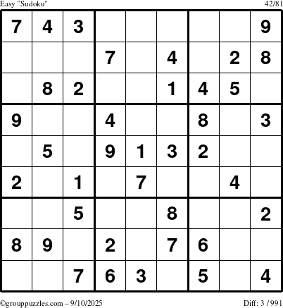 The grouppuzzles.com Easy Sudoku puzzle for Wednesday September 10, 2025