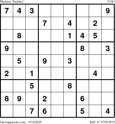 The grouppuzzles.com Medium Sudoku puzzle for Wednesday September 10, 2025