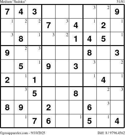 The grouppuzzles.com Medium Sudoku puzzle for Wednesday September 10, 2025 with the first 3 steps marked