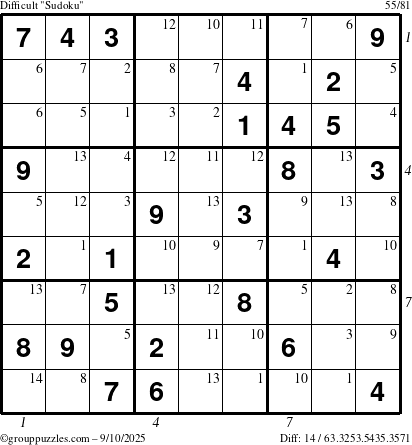 The grouppuzzles.com Difficult Sudoku puzzle for Wednesday September 10, 2025 with all 14 steps marked