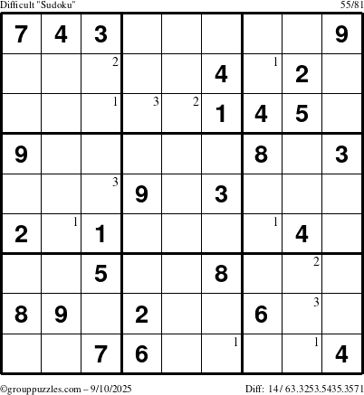 The grouppuzzles.com Difficult Sudoku puzzle for Wednesday September 10, 2025 with the first 3 steps marked