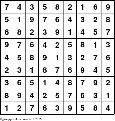 The grouppuzzles.com Answer grid for the Sudoku puzzle for Wednesday September 10, 2025