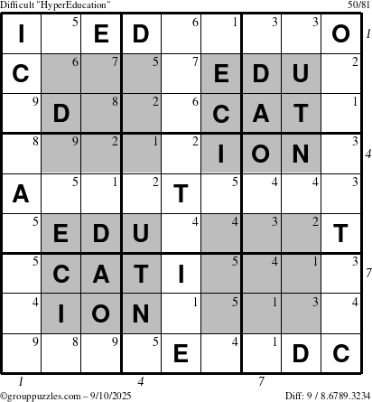 The grouppuzzles.com Difficult HyperEducation-i23 puzzle for Wednesday September 10, 2025 with all 9 steps marked