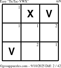 The grouppuzzles.com Easy TicTac-VWX puzzle for Wednesday September 10, 2025 with the first 2 steps marked