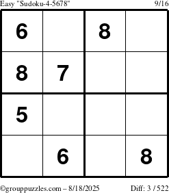 The grouppuzzles.com Easy Sudoku-4-5678 puzzle for Monday August 18, 2025