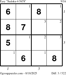The grouppuzzles.com Easy Sudoku-4-5678 puzzle for Monday August 18, 2025 with all 3 steps marked