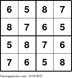 The grouppuzzles.com Answer grid for the Sudoku-4-5678 puzzle for Monday August 18, 2025