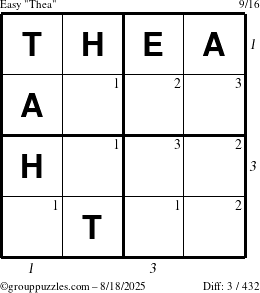 The grouppuzzles.com Easy Thea puzzle for Monday August 18, 2025 with all 3 steps marked