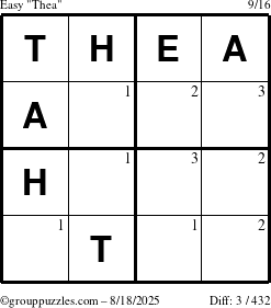 The grouppuzzles.com Easy Thea puzzle for Monday August 18, 2025 with the first 3 steps marked