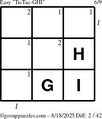 The grouppuzzles.com Easy TicTac-GHI puzzle for Monday August 18, 2025 with all 2 steps marked