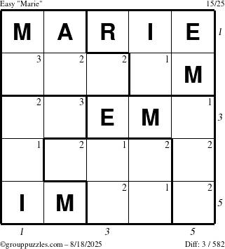 The grouppuzzles.com Easy Marie puzzle for Monday August 18, 2025, suitable for printing, with all 3 steps marked