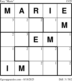 The grouppuzzles.com Easy Marie puzzle for Monday August 18, 2025 with the first 3 steps marked