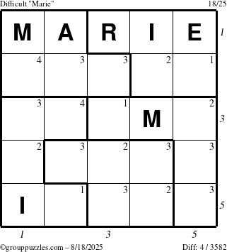 The grouppuzzles.com Difficult Marie puzzle for Monday August 18, 2025 with all 4 steps marked