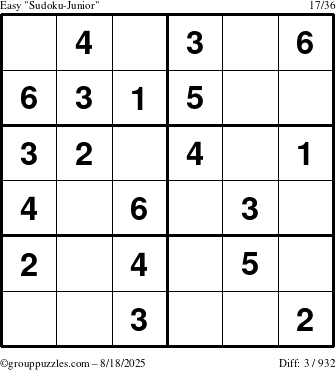 The grouppuzzles.com Easy Sudoku-Junior puzzle for Monday August 18, 2025