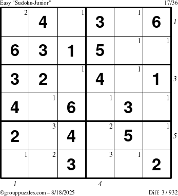 The grouppuzzles.com Easy Sudoku-Junior puzzle for Monday August 18, 2025 with all 3 steps marked