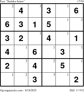 The grouppuzzles.com Easy Sudoku-Junior puzzle for Monday August 18, 2025 with the first 3 steps marked