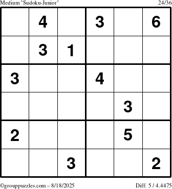 The grouppuzzles.com Medium Sudoku-Junior puzzle for Monday August 18, 2025